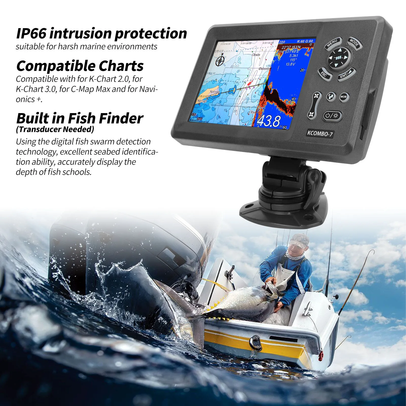 KCombo-7 7inch Marine GPS Fishfinder Combo Transducer Color LCD GPS Marine Plotter Combo with Fishfinder +FISH FINDER