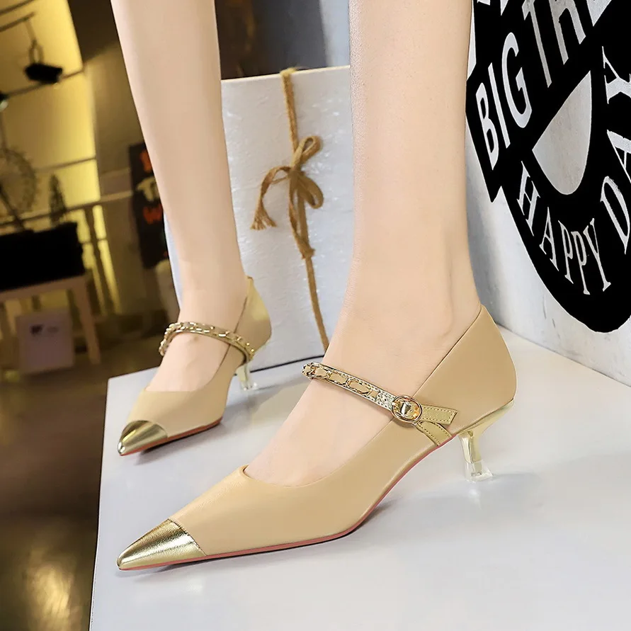 thumbnail image 1 of Nuevos zapatos de tacón alto finos y poco profundos para mujer, con bloques de color, puntiagudos, con correa de cadena de metal, para novia, para boda, sexys, 1 of 5