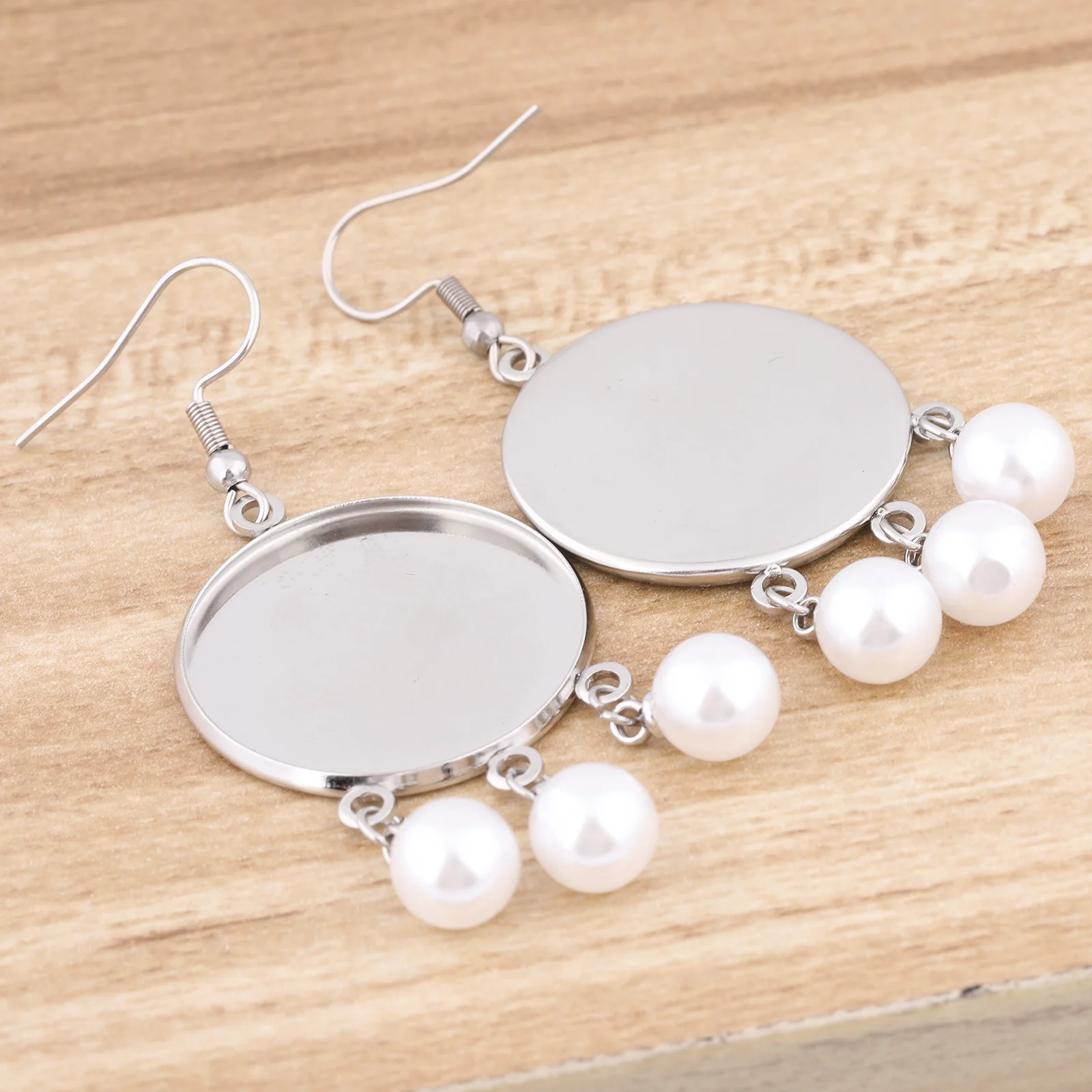 Jewelry Findings 6pcs Stainless Steel Pearl Charm Earring Base Blanks 25mm Cabochon Earring Setting Trays Diy Ear Hooks