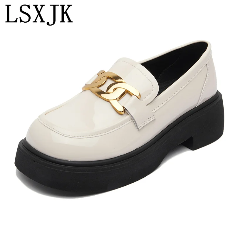 

Chunky Loafers Women Patent Leather Platform Shoes Round Toe Metal Chain Slip on Ladies Flats Handmade Kawaii Shoes Woman Flats