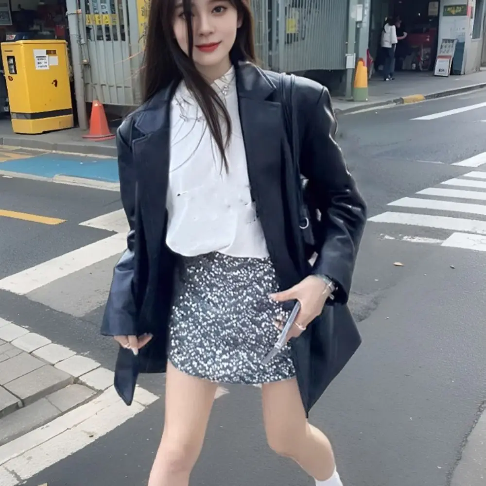 Y2k Lapel Collar Leather Jacket Women Outerwear Retro Suit Leather Jacket Korean Chic Loose Vintage PU Coats Holiday