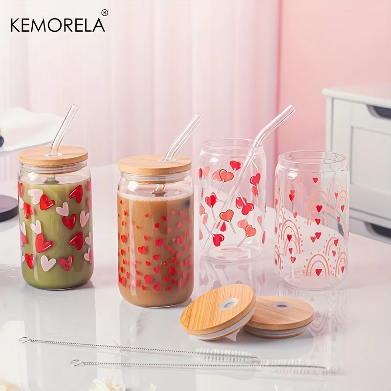 Drinking Glasses Set 1PCS Heart Shape Printed Coke Glass Tumbler With Bamboo Lid Straw Milk Beer Can Romantic Valentine's Day Glass Tumbler Gift