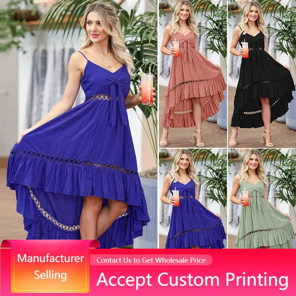 

2022 Summer Dress Fashion Elegant Ruffles Sleeveless Lace Up Spaghetti Strap Sexy V-neck Beach Dress High Waist Party Dress
