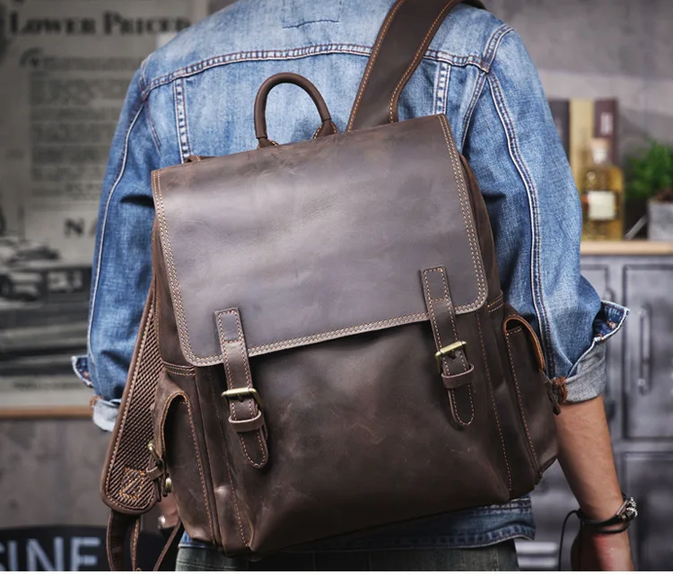 PNDME Vintage Crazy Horse Rindsleder Herren-Rucksäcke mit großem Fassungsvermögen Outdoor-Reisen lässig Luxus handgefertigter Rucksack aus echtem Leder – Detail 1