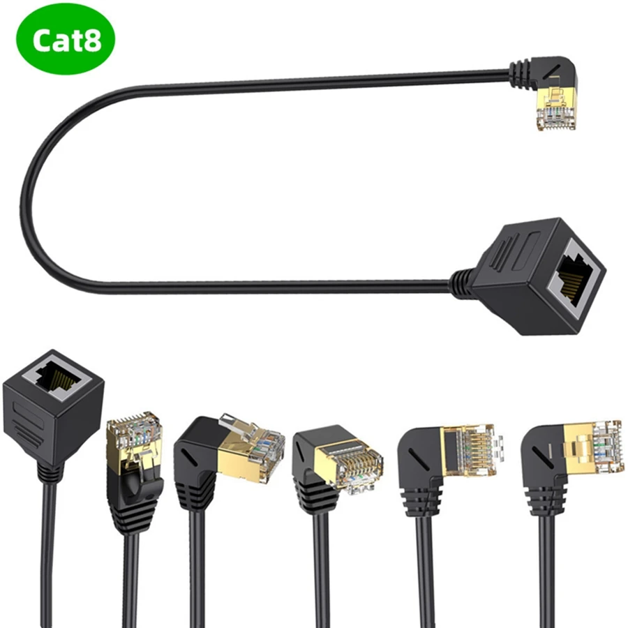 0.5m Cat8 이더넷 연장 케이블 코드 RJ45 Cat8/7/6 이더넷 랜 네트워크 남성-여성 90도 직각 TV PC 노트북용