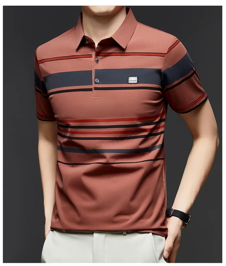 BROWON Brand 2025 Summer Shorts Polo Shirt Men Tshirt Luxury Wide Striped Lapel Collared Polo Shirt for Work Business Men 22 S2fd0db3eef47487e8e8de116ff31f984J