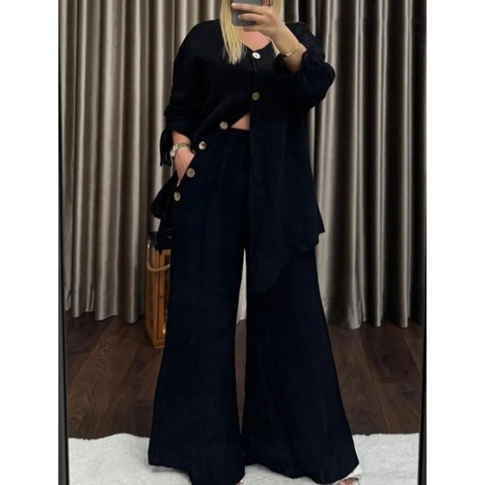 Casual Solid Color Women's Suit Loose Irregular Button V-neck Cardigan Blouse shirt + Wide-leg Pants 2 Piece Set Commuting 2025