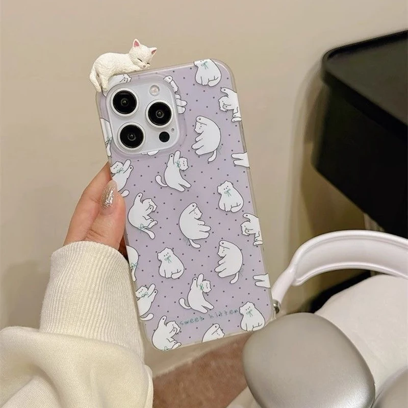 Charming 3D Lazy Cat Cartoon Toy Case - White Acrylic Phone Cover
