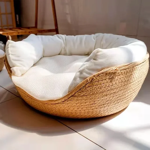 Pet Bed Soft Cat Kennel Dog Beds Sofa Bamboo Weaving Four Season Cozy Nest Baskets Waterproof Removable Cushion Sleeping Bag 1