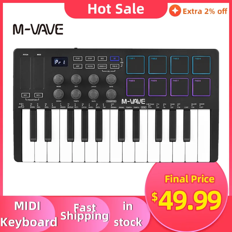 M-VAVE 25-Key MIDI Control Keyboard Piano USB MIDI Keyboard MIDI Controller Sensitive Key 8 RGB Backlit Pads musical instrument
