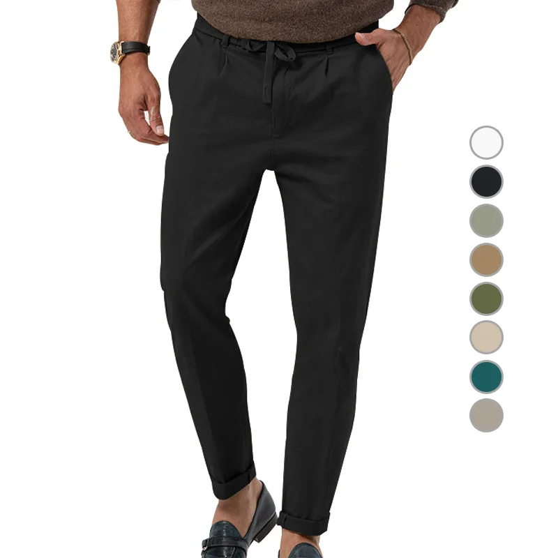 

New Men's Solid Color Long Loose Drawstring Elastic Waist Straight Leg Pants with Business Casual Pants