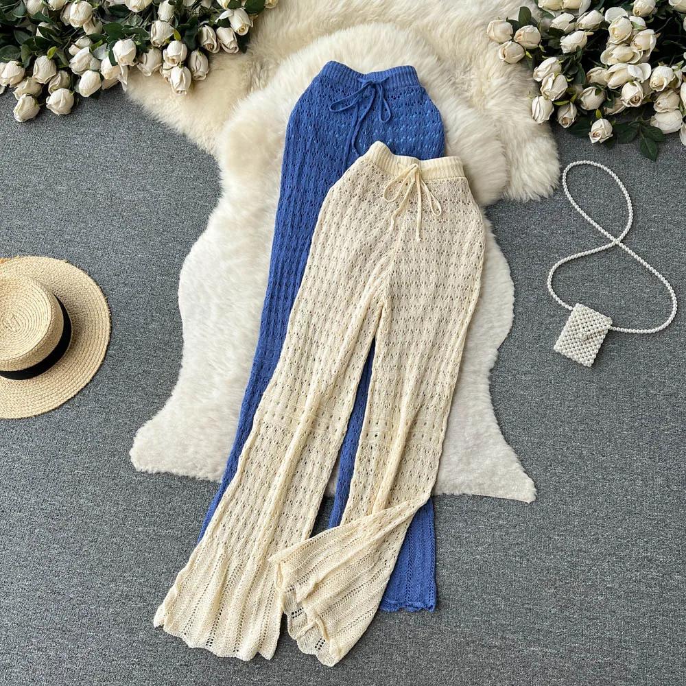 

Spring and Summer New Elastic High Waist Loose Lean Casual Hollow Hundred Vacation Wide Leg Pants