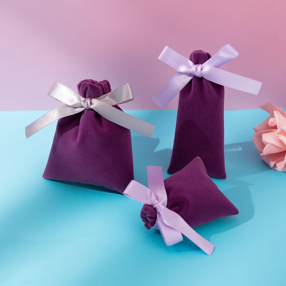 50pcs/lot  Jewelry Velvet Gift Bags with Ribbon Drawstring Box Packaging Pouch Wedding Party Makeup Cosmetic Cotton Flannel Bag