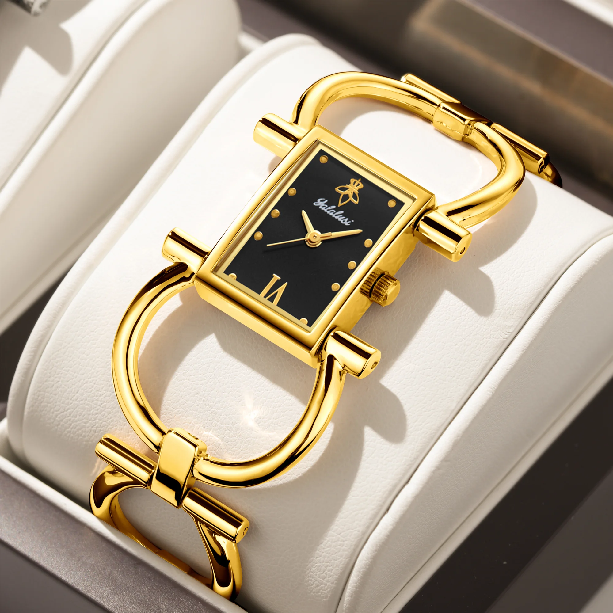 

Топ-бренд YaLaLuSi женские часы Прямоугольные золотистые Чехол черный циферблат простой Скелет Бизнес ионное покрытие Подарочная коробка регулятор