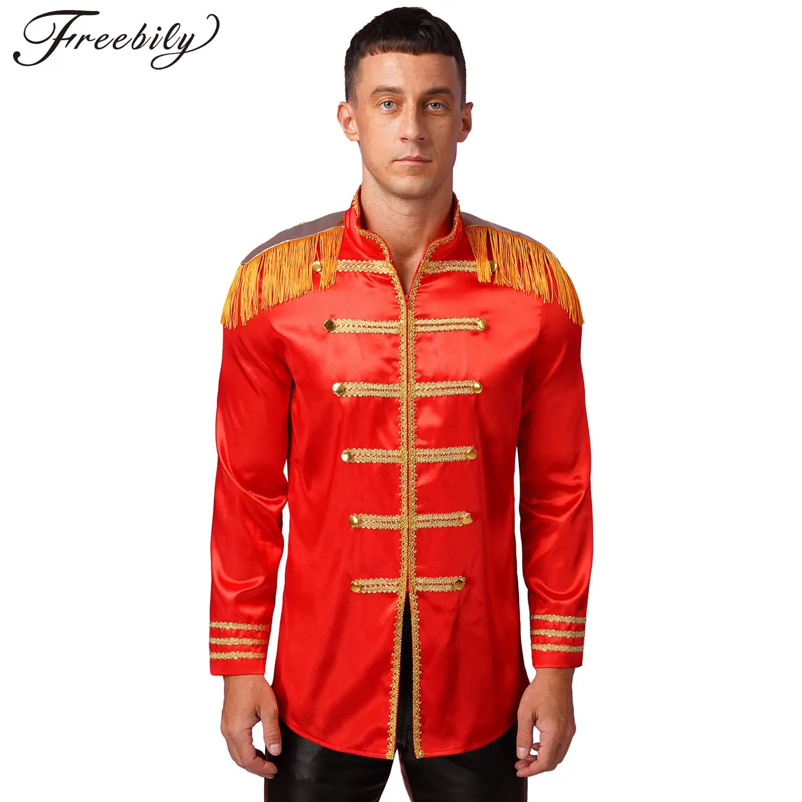 

Mens Circus Ringmaster Costumes Long Sleeves Red Showman Tassel Tailcoat Jacket Coat Halloween Cosplay Fancy Dress Up
