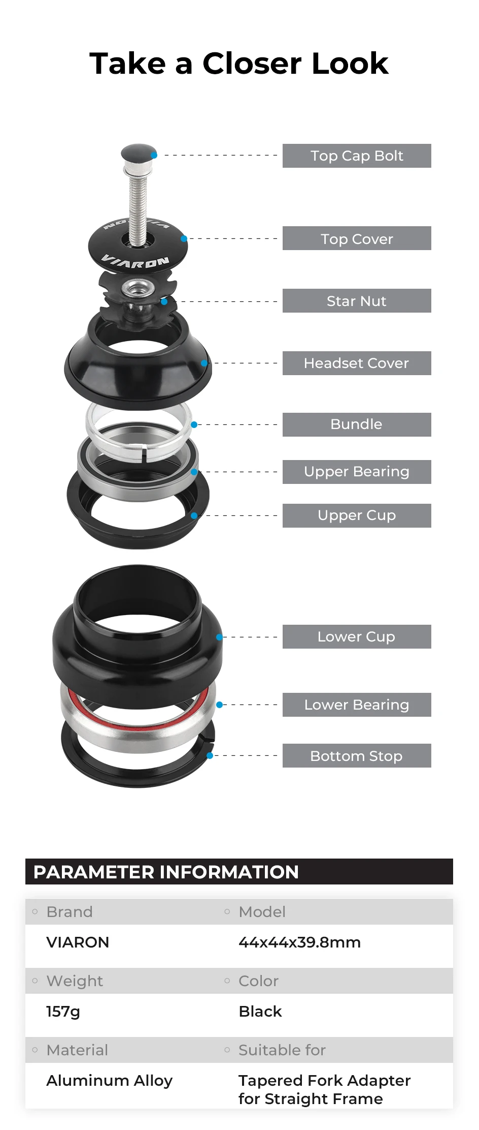 Fahrradrahmen-Headset, Fahrradgabel, konisches Rohr, Konverter, freiliegendes Headset, 44 x 44 x 39,8 mm, Fahrradrahmen-Kopfrohr, Lager aus Aluminiumlegierung – Detail 2