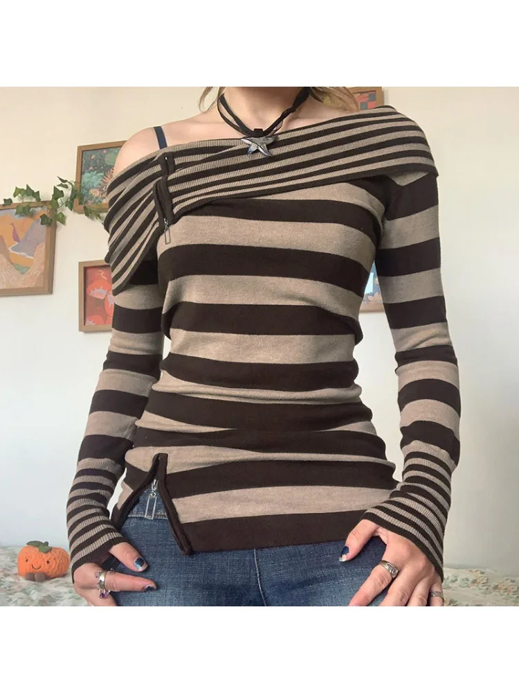 

2024 New Retro Striped Sweater Pullovers 2000s Chic Zipper Slash Neck Slim Womens Sweaters Harajuku Vintage Y2k Aesthetic Autumn