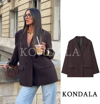 KONDALA Elegant Commute Double-breasted Blazer Women Vintage Brown Buttons Blazer 2026 Spring Summer Trendy Office Lady Blazer 1