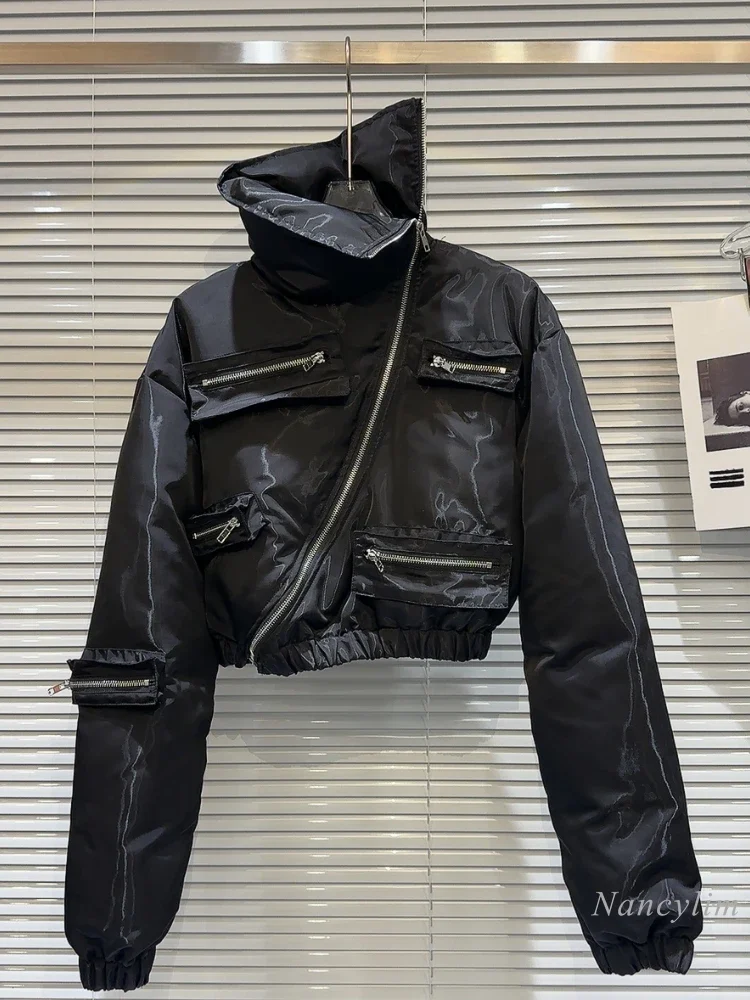 

2023 Winter New Oblique Zipper Pocket High Collar Glossy Warm Cotton-Padded Jacket Women Motorcycle Coat Crop Jackets