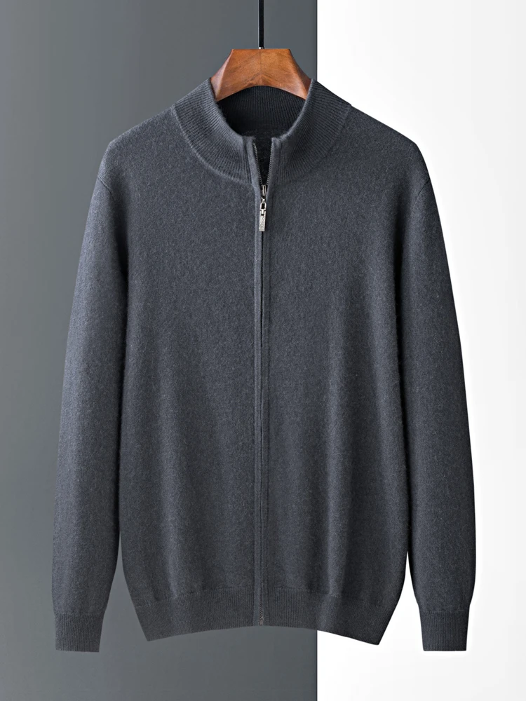New Fashion 100% Cashmere Knitted Cardigan Pure Color Stand Collar Long Sleeve Zipper Coat Autumn and Winter Men's Sweater