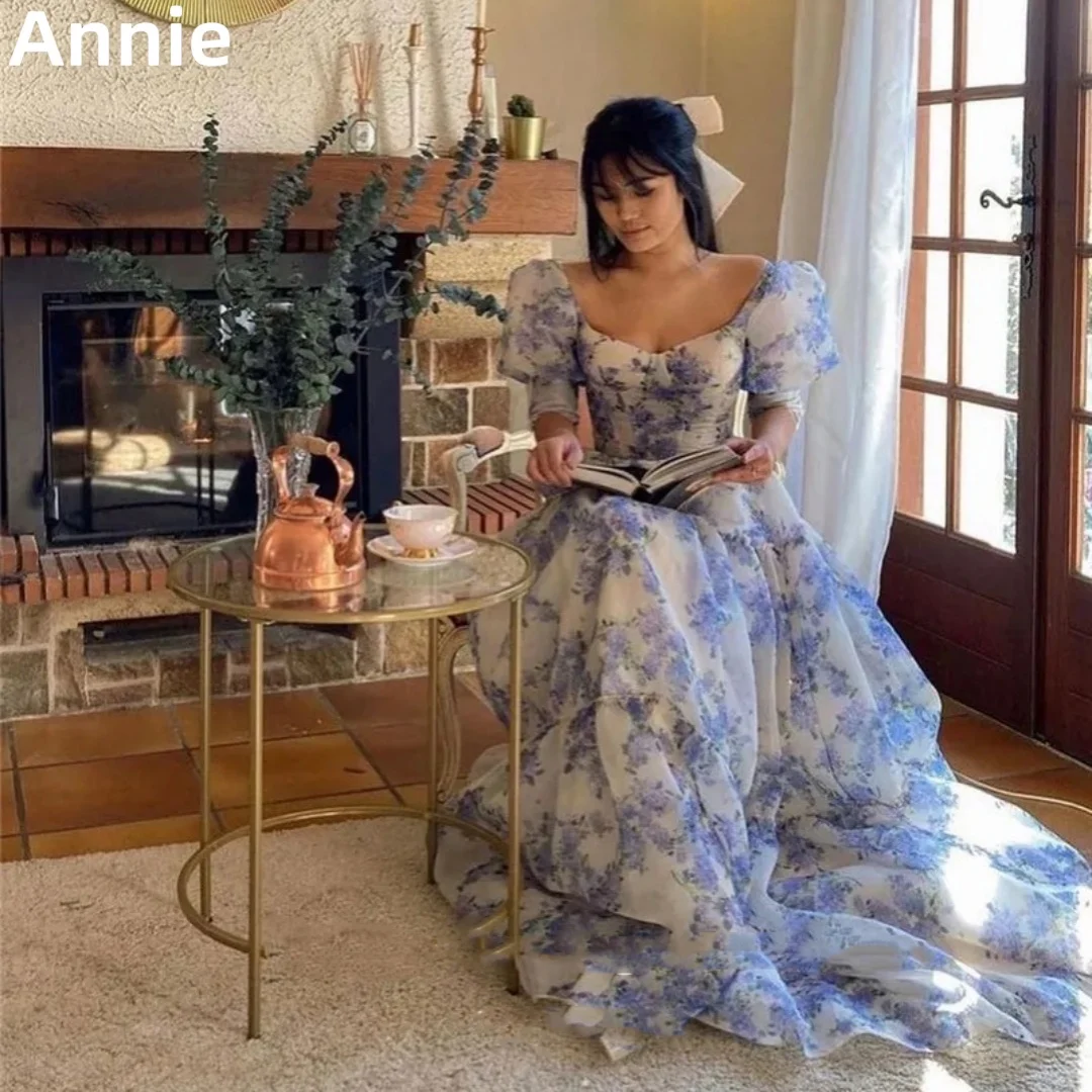 Annie Blue Puff Sleeve Print Prom Dresses Palace Style Organza Evening Dress Special Occasion Party Dresses Vestidos De Noche