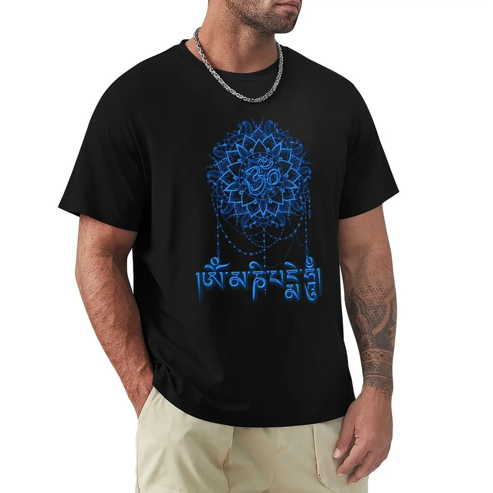 

Blue Mani Mantra with Mandala T-Shirt shirts graphic tees oversizeds Short sleeve tee men t shirts