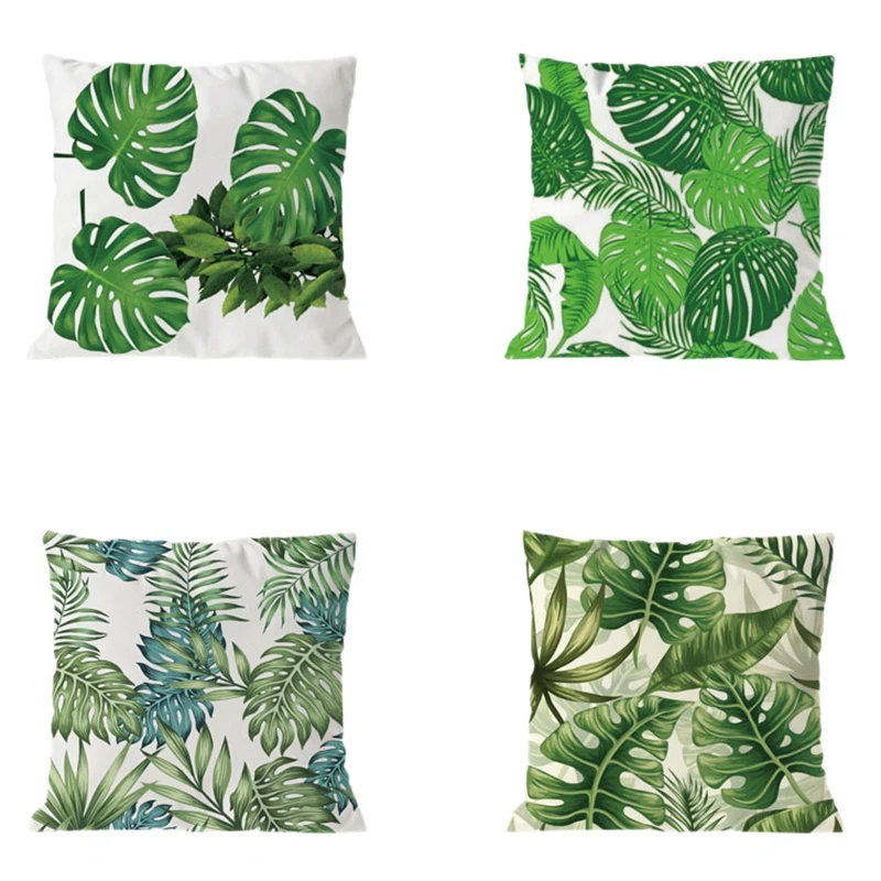 

Promotion! 4Pcs Plant Cushion Cover Tropic Tree Green Throw Pillow Cover Palm Leaf Decorative Pillows Flower Cushion Cover 45X45