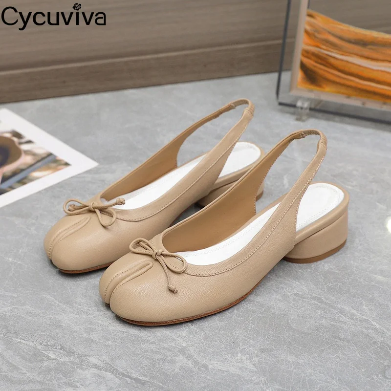 

New Bow Knot Genuine Leather Split Toe Kitten Mid Heels Sandals Women Party Designer Khaki Slingback Dress Shoes Brand Sandals