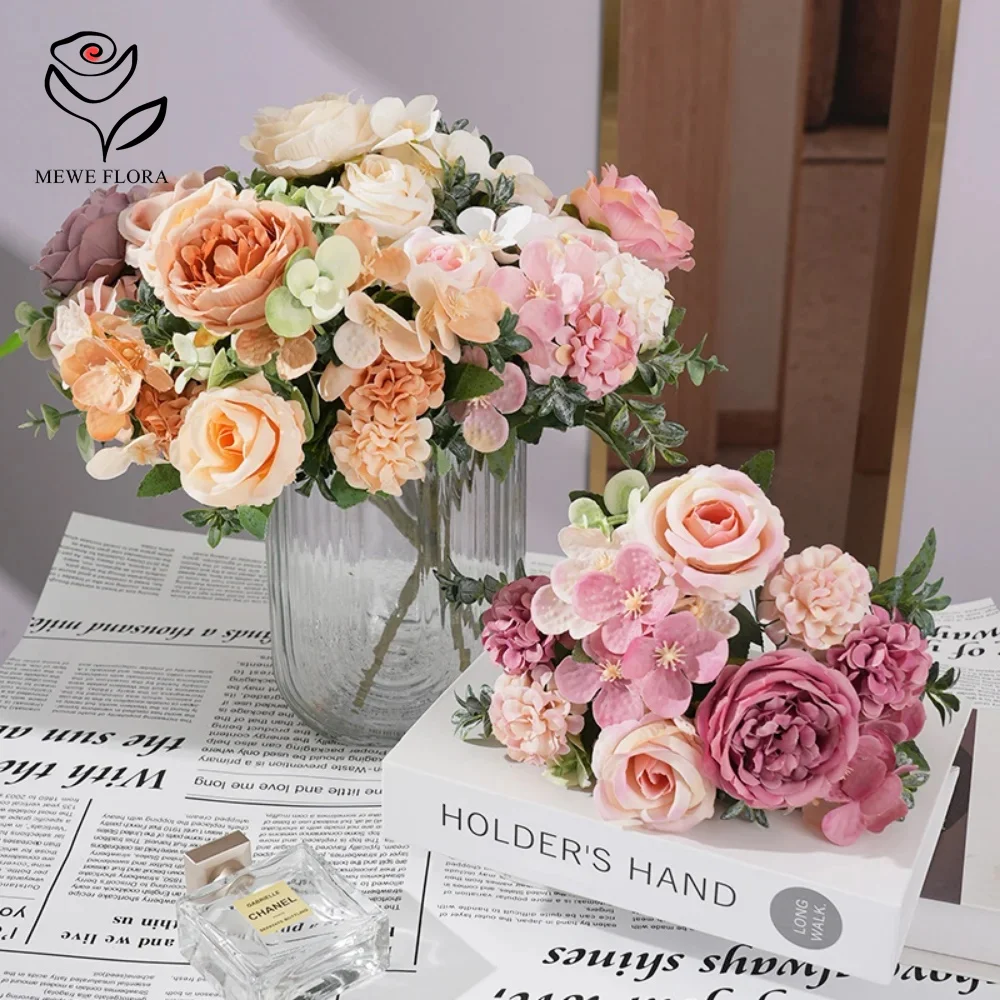 

7Heads Artificial Rose Flower Fake Peony Hydrangea Bouquet Wedding Party Decoration Simulation Roses Plant Home Room Vase Decor