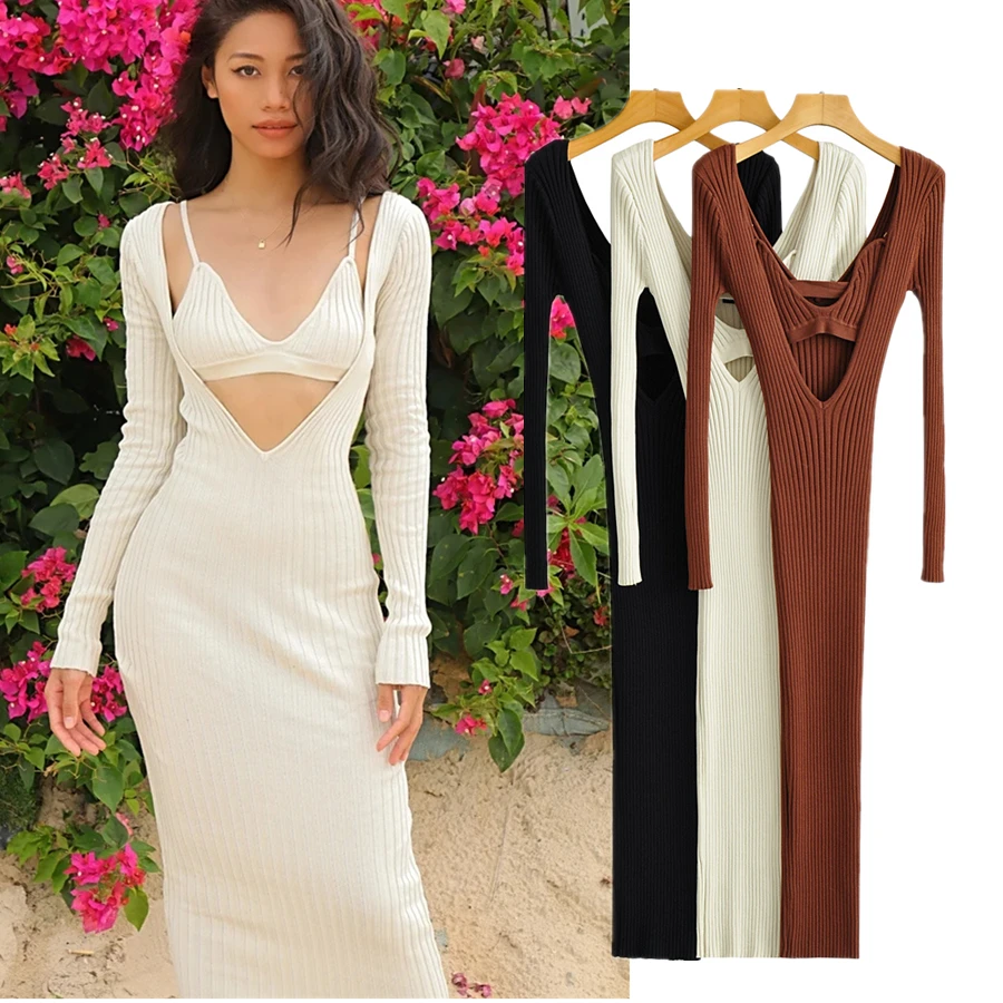 

Dave&Di Pieces Sets Sexy Knitted Sheath Midi Dress Women With Camisole France Vintage Ins Fashion Blogger High Street Two