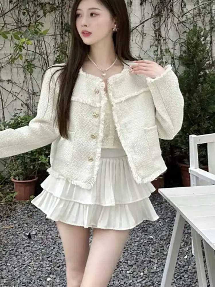 

New Autumn Winter Korean Women's Double Breasted Luxury Chic Elegant Tweed Woolen Coat Vintage Tassel Jacket Top Outwear