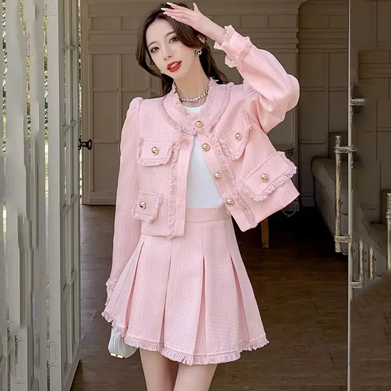 Fried Street Casual Suit Women Spring Autumn New French Style Coat+Skirt Suits Fashion Slim Burr Single-Breasted Two-Piece Suit