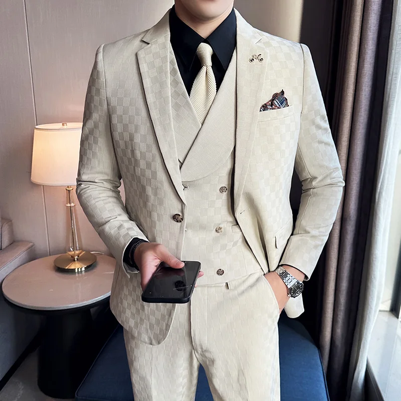 

2023- Boutique (Blazer+ Vest + Pants) Men's Fashion Business Formal Plaid Trend Gentleman Slim Casual Party Wedding 3-piece Set