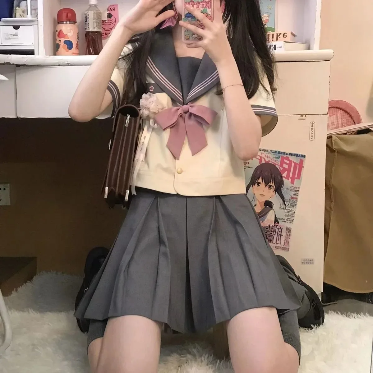 Japanese School Uniform S-8xl Plus Size Jk Uniform Bow Pleated Skirt Suit Student Sailor Suit Women Short Sleeve