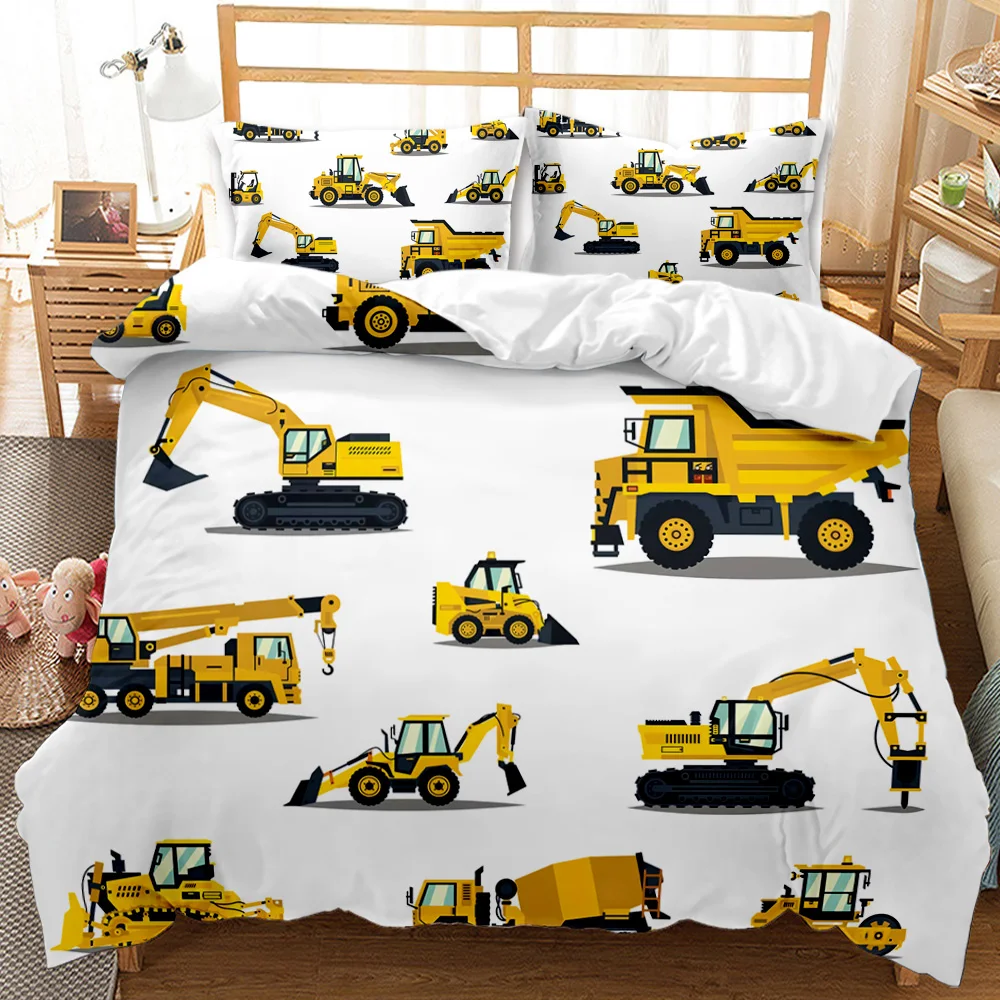 Boys Cartoon Car Bedding Set Full Construction Vehicles Comforter Cover for Kids Children Cartoon Machinery Truck Duvet Cover