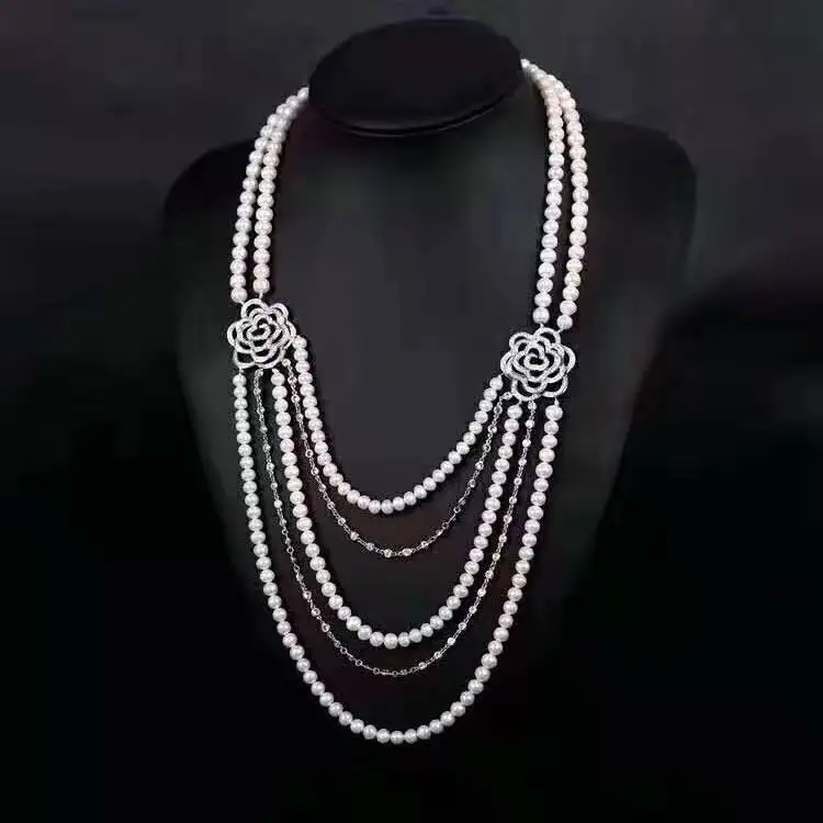 

Handmade 5strands white freshwater cultured pearl micro inlay zircon rose accessories sweater necklace long 45-52 cm