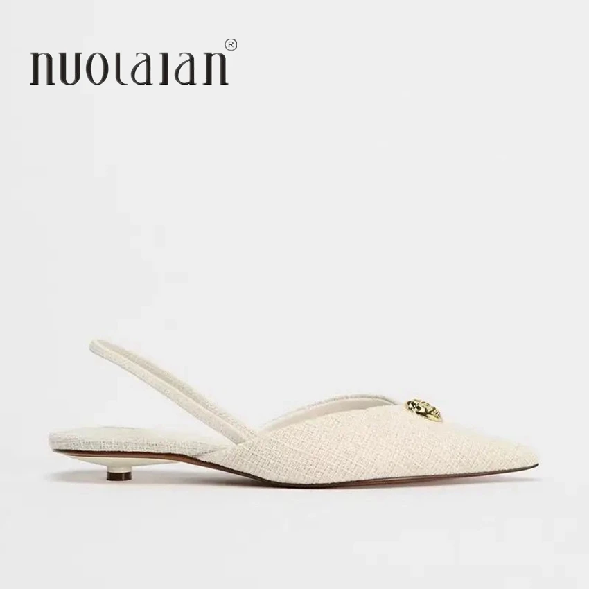 2025 Woman White Fabric High Heels Chic Metal Inlaid Slingback Kitten Heel Shoes Summer Elegant Female Office Low Heels Sandals 2