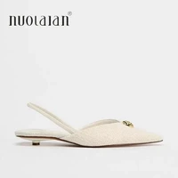 2025 Woman White Fabric High Heels Chic Metal Inlaid Slingback Kitten Heel Shoes Summer Elegant Female Office Low Heels Sandals 2