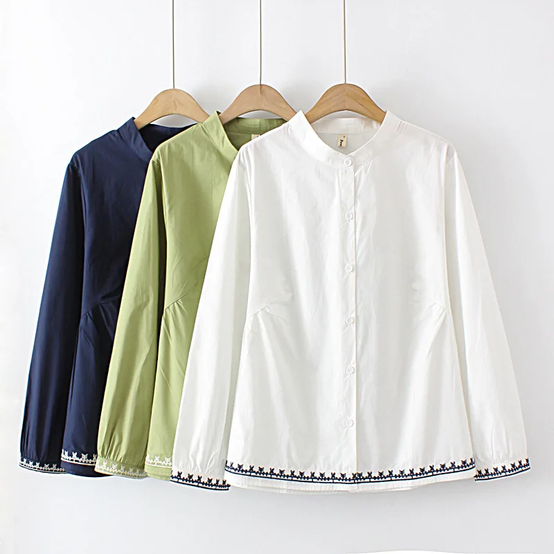 Women's Stand Collar Cotton Tops, Loose Long Sleeve, Hem Embroidery Blouses, Curve Clothes, Plus Size, 4XL, Spring