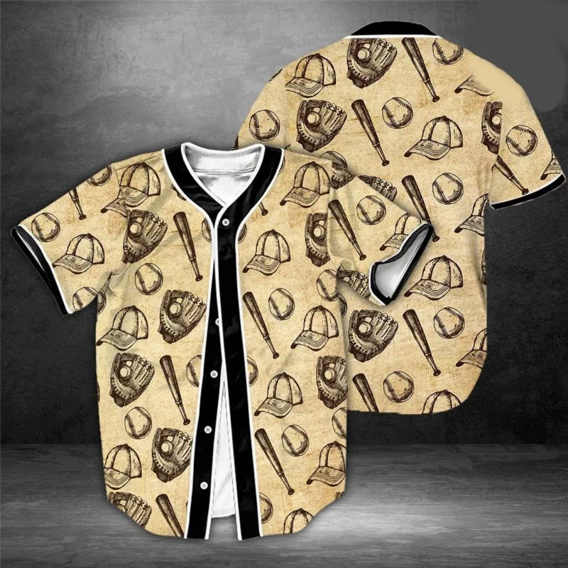 

Men's baseball pattern 3D printed baseball jersey street hip-hop element cardigan summer refreshing short sleeved top