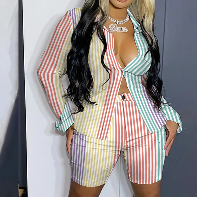 

Fashion Two-Piece Set Casual Wear Suits Set Casual wear Striped Print Button Design Top &Shorts Set