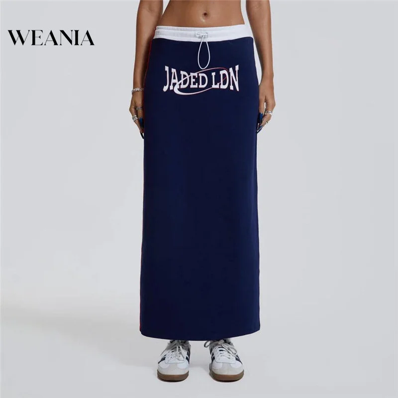 

Women Street Style Letter Print Side Striped Drawstring Long Skirt