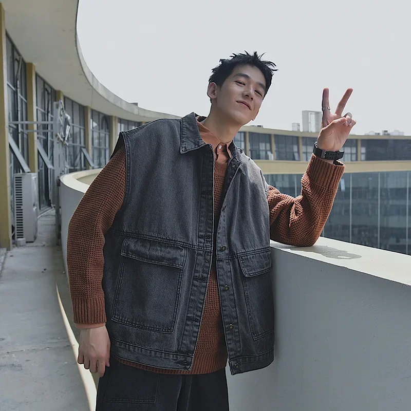 DenimVest Men's Fashionable Loose-Fit Jacket Autumn Spring Thin Style Motorcycle Rider Vest Ins Trendy Horse Rider Workwear