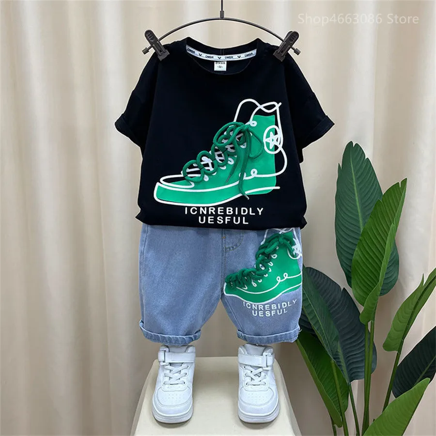 

Korean Children Summer Sets Girl Boy Short Sleeved Shorts Suit Child Clothing Fashion Tee Soild Color Pant Outfits Kids Costume