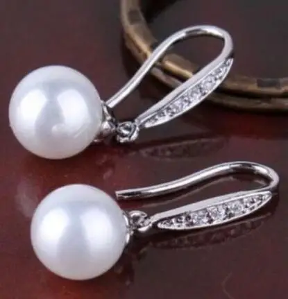 

luxury Noble jewelry Genuine charming a pair 9-10mm AAA++ south sea round white pearl dangle earrings 925 silerv