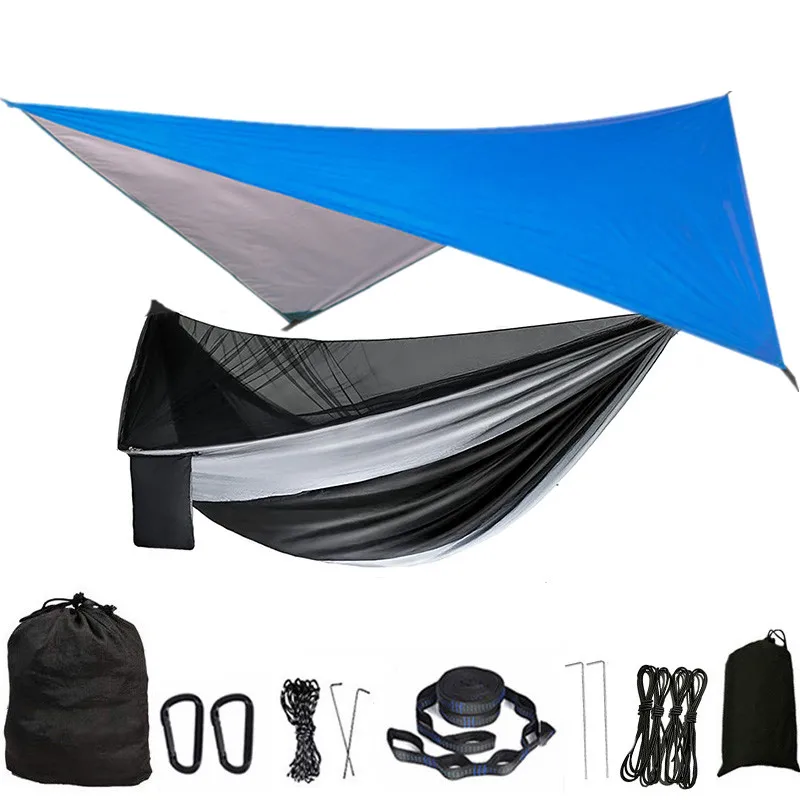 Camping Hammock Mosquito Net and Rain Fly Tarp Portable Tent Parachute Hammock with Tree Strap Indoor Outdoor Backpacking Travel 