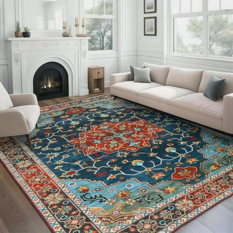 Retro Living Room Carpet Geometric Floral Design Luxury Plush Bedroom Rugs Foldable Machine Washable Non-slip Cloackroom Mats 러그