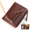 New Short Men Wallets Name Engraving Genuine Cow Leather Card Holder Retro Men Purse Double Zipper Coin Pocket Male Wallet 1