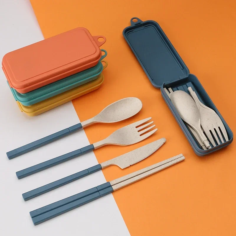 Wheat Straw Dinnerware Set 4pcs Portable Tableware Knife Fork Spoon Chopsticks Set Travel Cutlery Eco-Friendly Utensil Box cutlery set,western style cutlery set,picnic cutlery set,stainless steel cutlery set,picnic tableware,camping cutlery set,wooden cutlery set