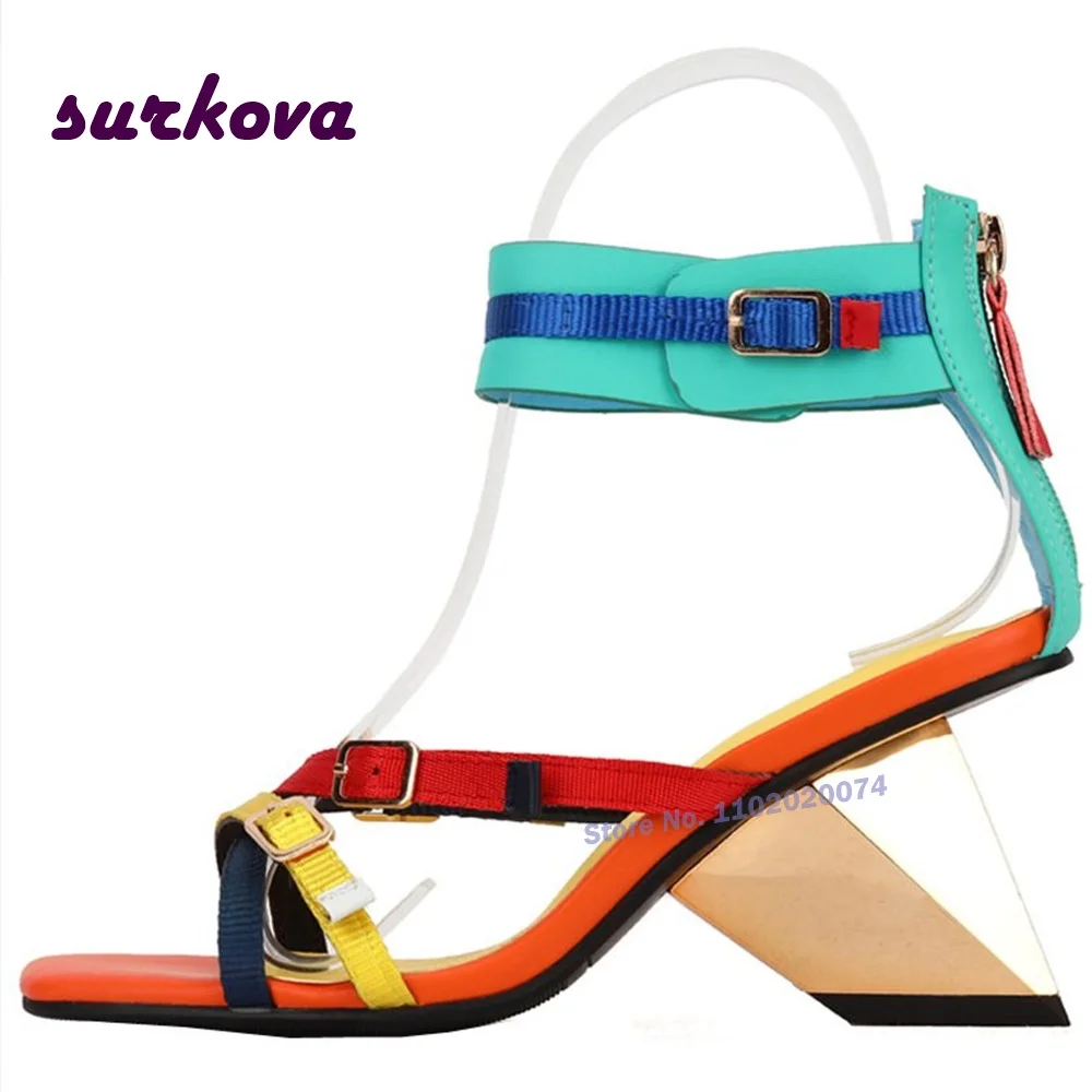 

Buckle Strange Style Sandals Open Toe Back Zipper Patchwork Multi-Color Women's Sandals Newest 2024 Metal Heels Roman Shoes Sexy